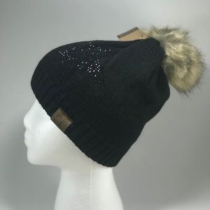 NWT Black CC Beanie Hat Fur Pom Rhinestone Star